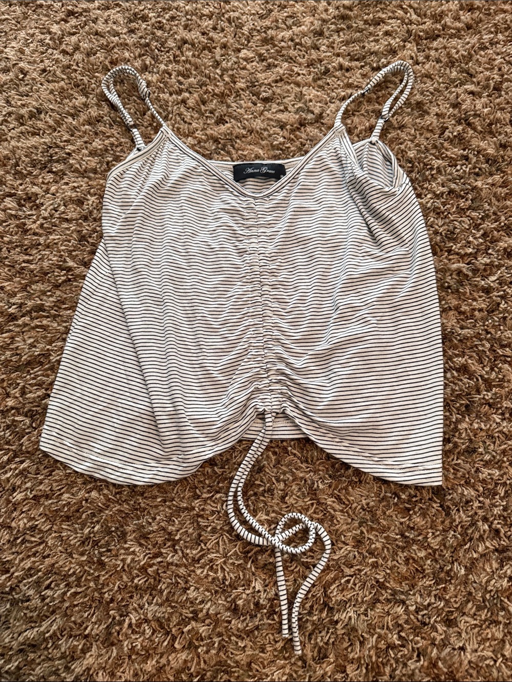 Anna Grace white and Black Striped Ruched Drawstring Tank